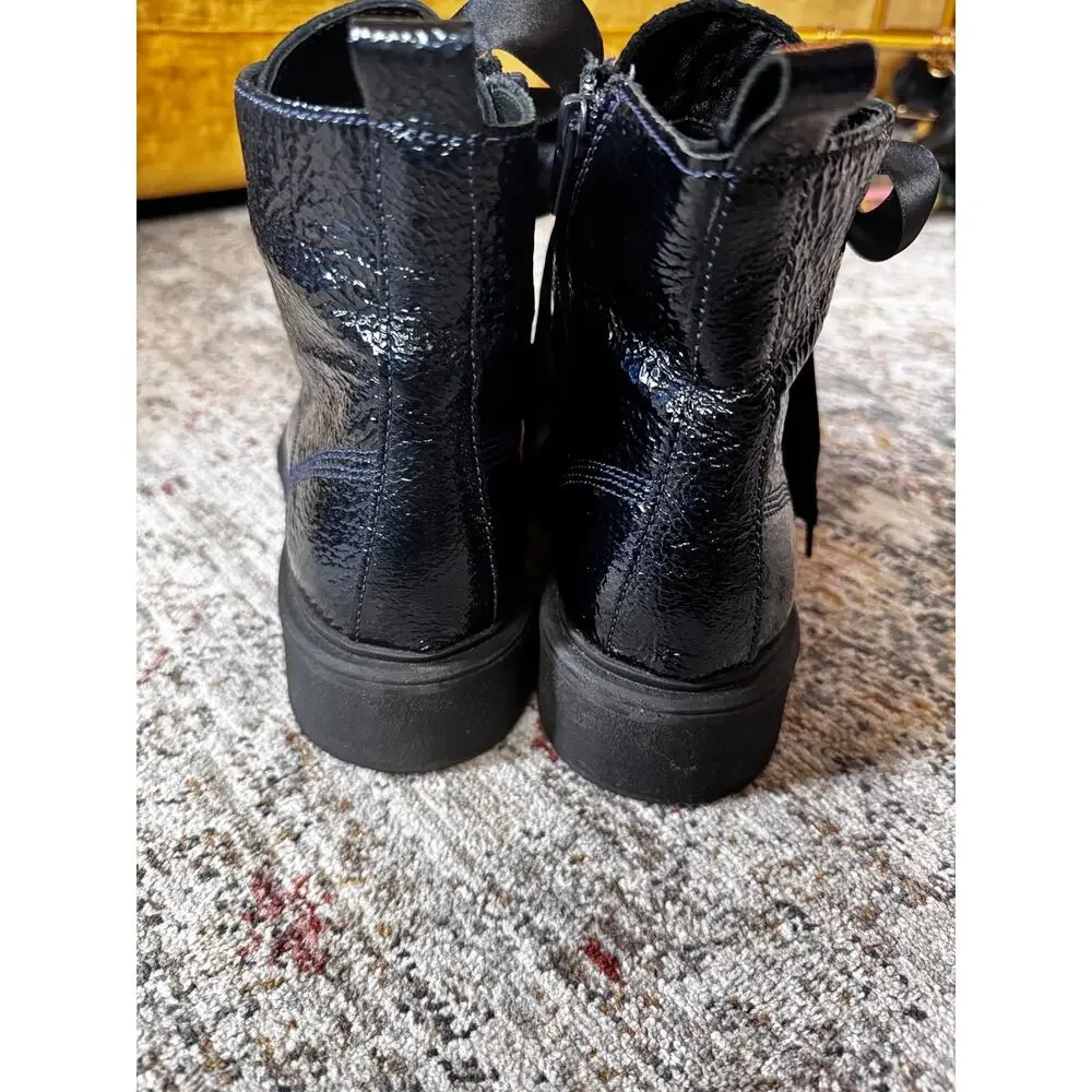 Bueno Women’s Patent Leather Ankle Boots Black Ribbon Lace Side Zip EU 40 US 9